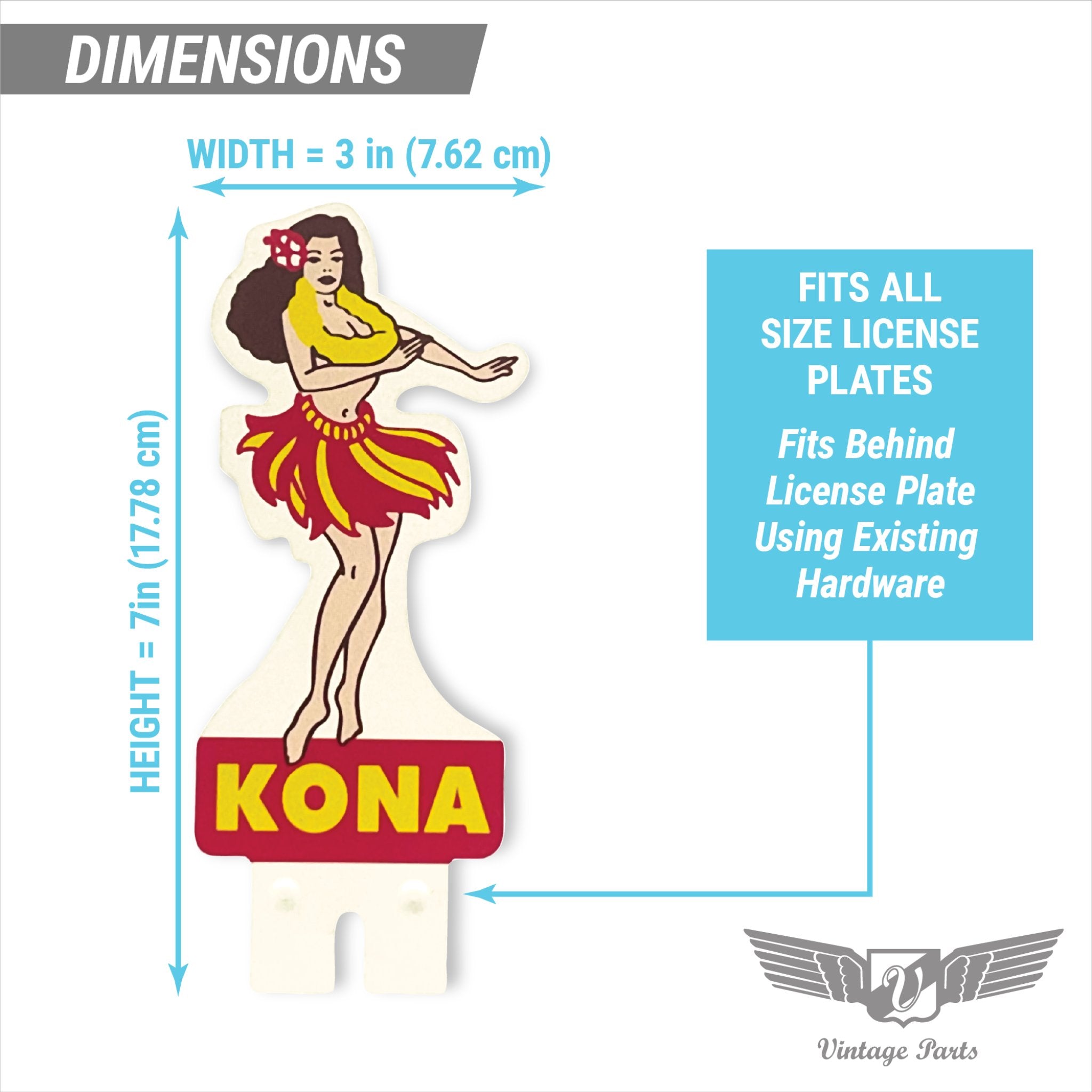 Kona Hawaii Hula Girl License Plate Topper Vintage Style Accessory Car Truck