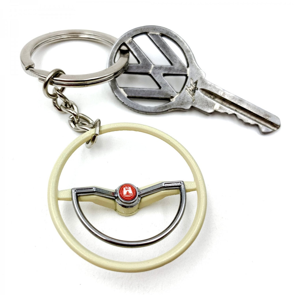 1960-63 VW Beetle Beige Dished Steering Wheel Keychain - Red Wolfsburg Button