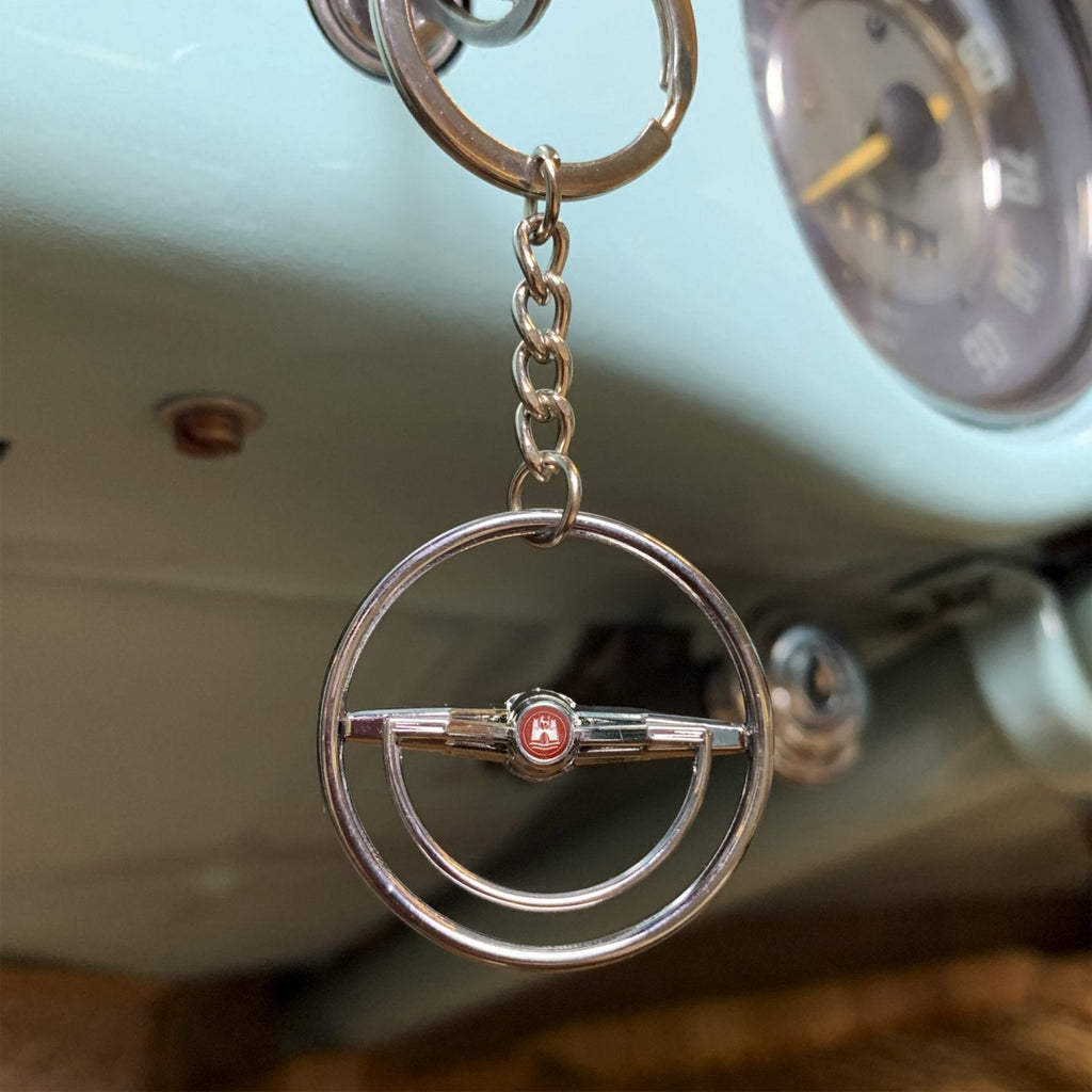 1960-63 VW Beetle Chrome Dished Steering Wheel Keychain - Red Wolfsburg Button