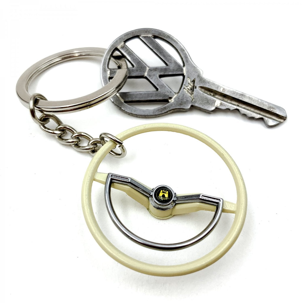 1960-63 VW Beetle Beige Dished Steering Wheel Keychain - Gold Wolfsburg Button