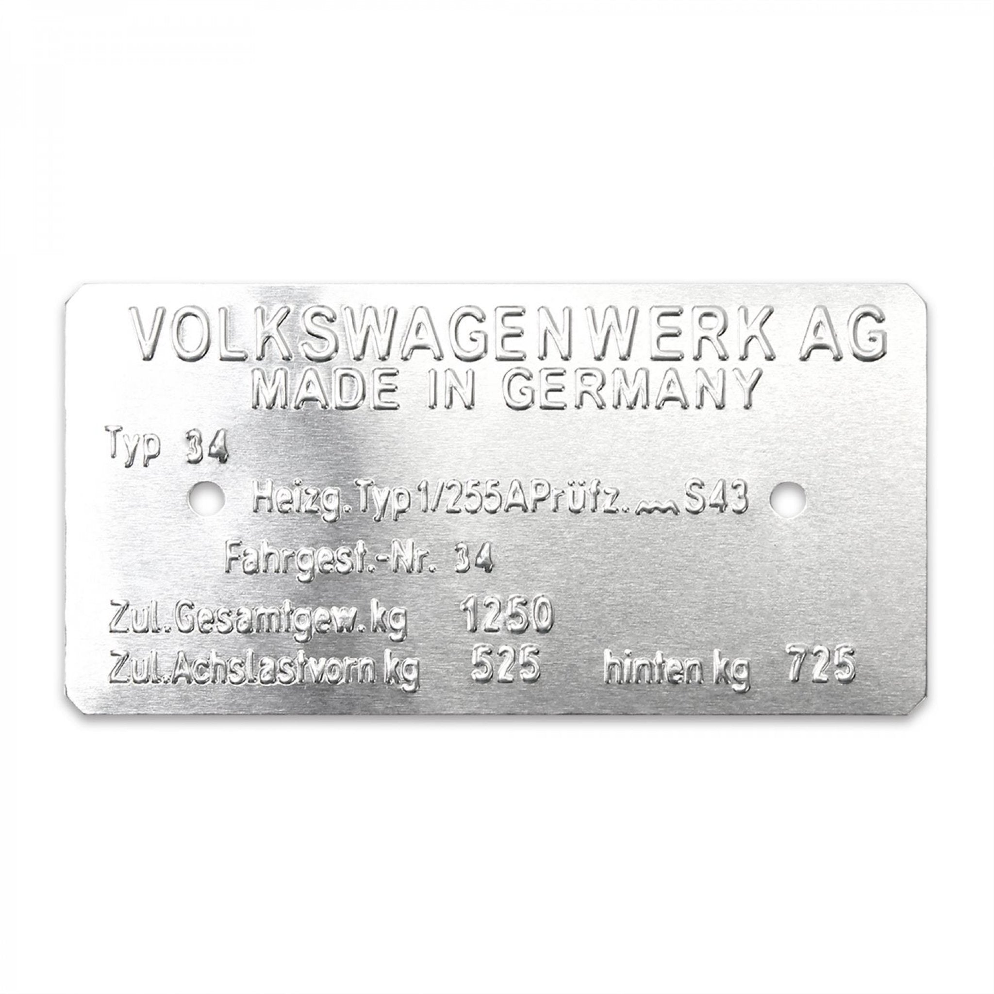 Volkswagen Karmann Ghia Razor Type 34 Made in Germany Vin Data Information Plate