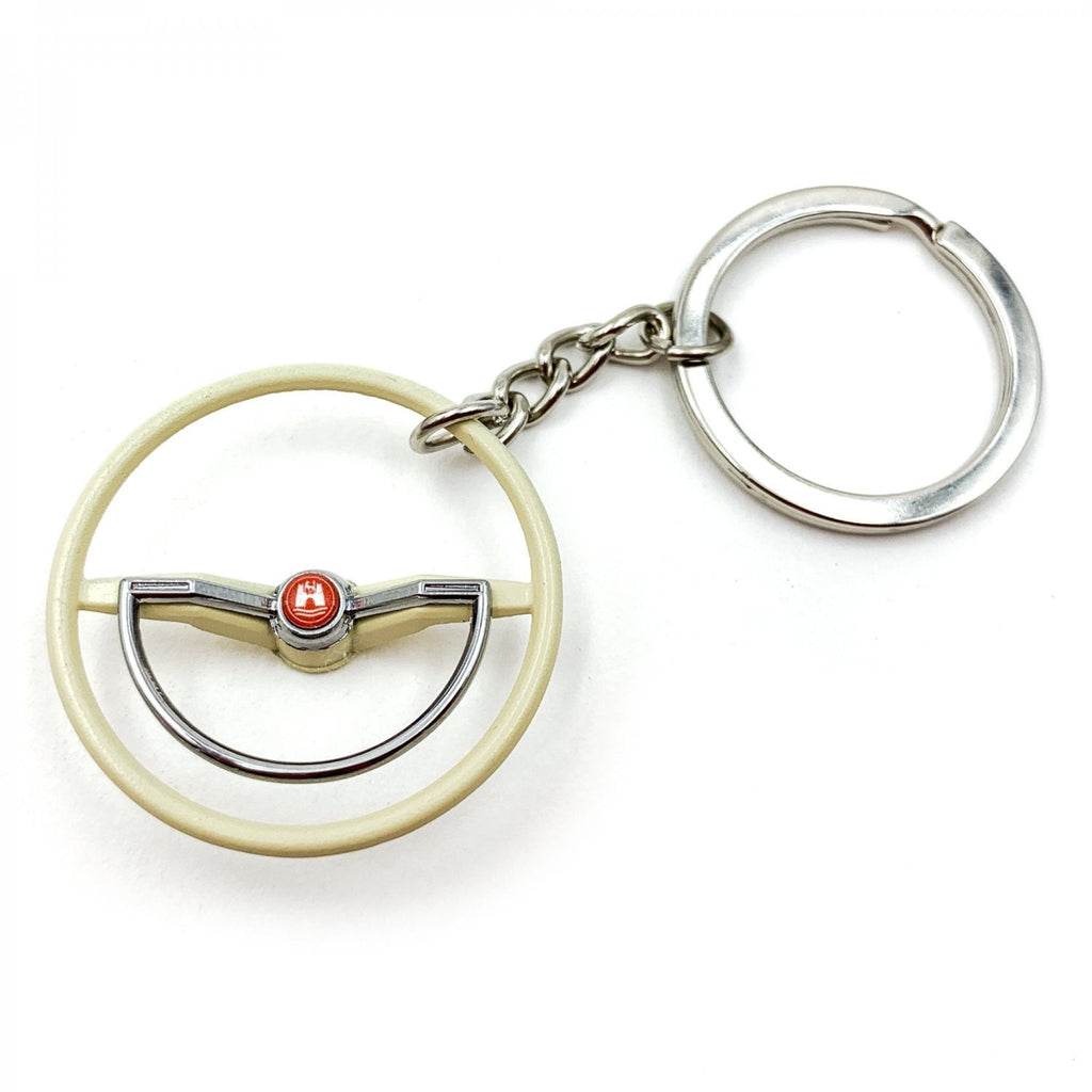 1960-63 VW Beetle Beige Dished Steering Wheel Keychain - Red Wolfsburg Button