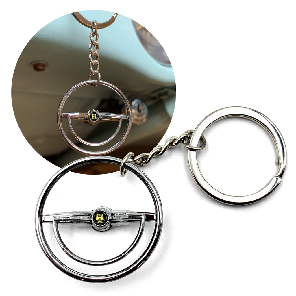 1960-63 VW Beetle Chrome Dished Steering Wheel Keychain - Gold Wolfsburg Button