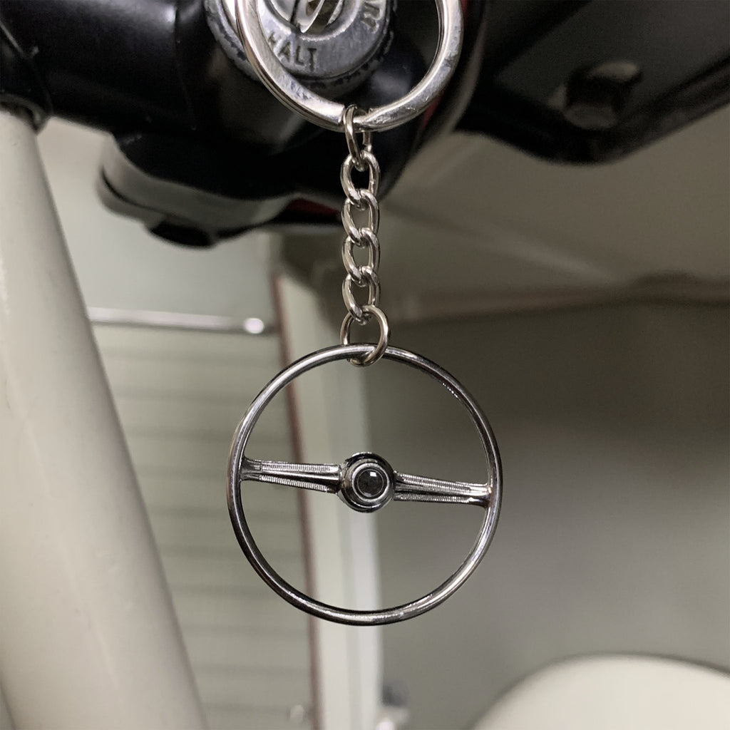 1955-67 VW 2 Spoke Bus Chrome Steering Wheel Keychain - Black Button