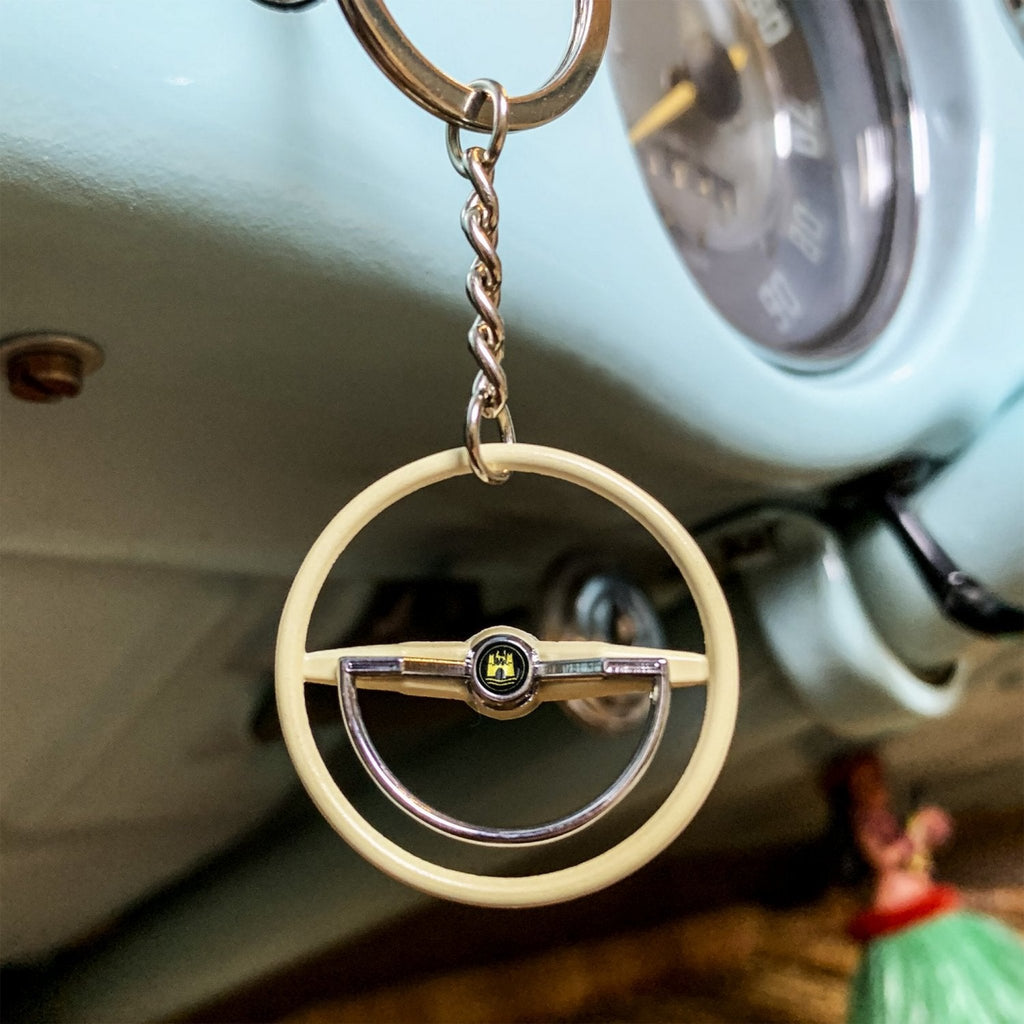 1960-63 VW Beetle Beige Dished Steering Wheel Keychain - Gold Wolfsburg Button