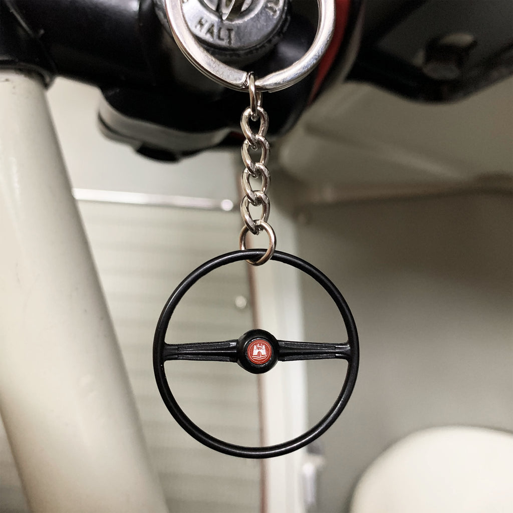 1955-67 VW 2 Spoke Bus Black Steering Wheel Keychain - Red Wolfsburg Button