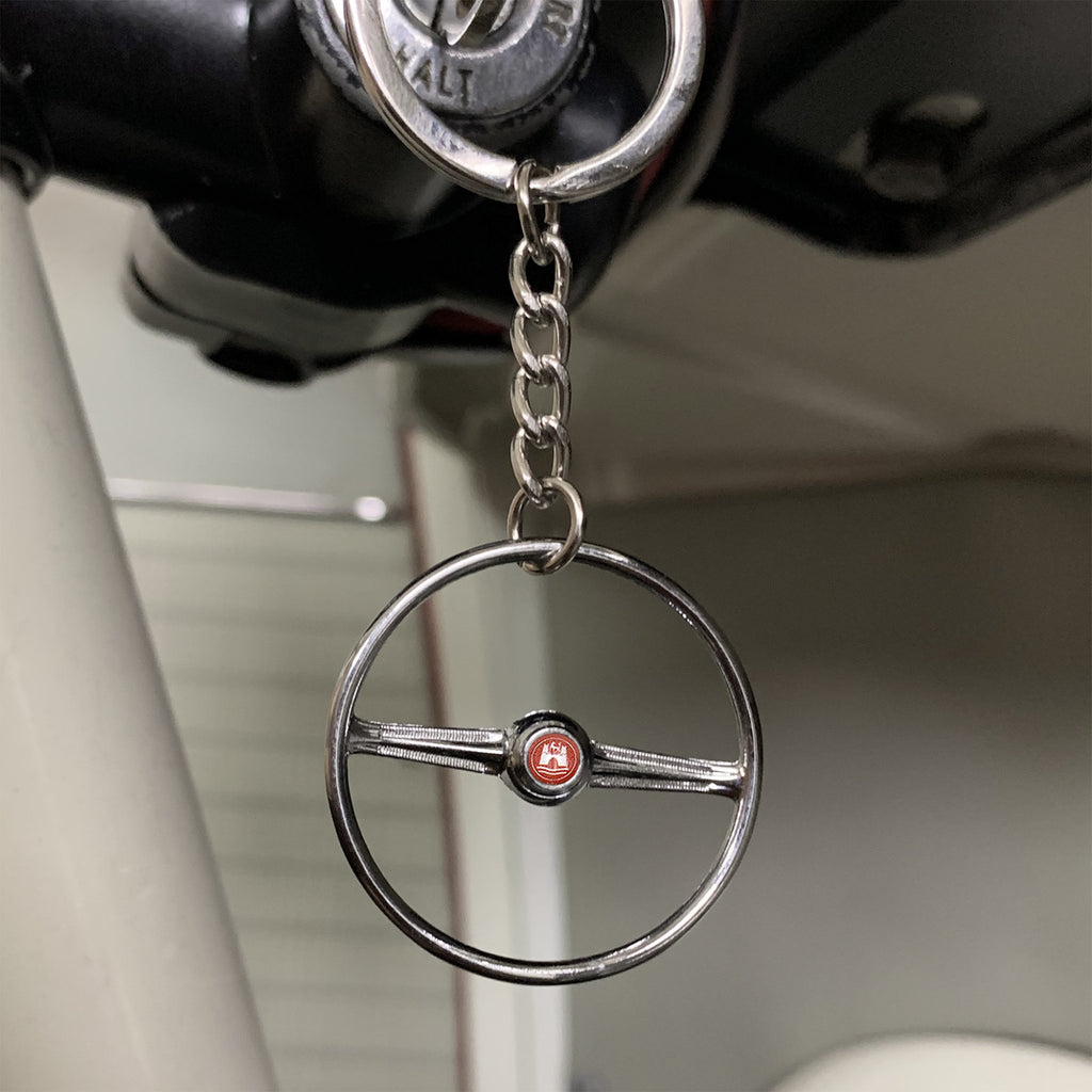 1955-67 VW 2 Spoke Bus Chrome Steering Wheel Keychain - Red Wolfsburg Button