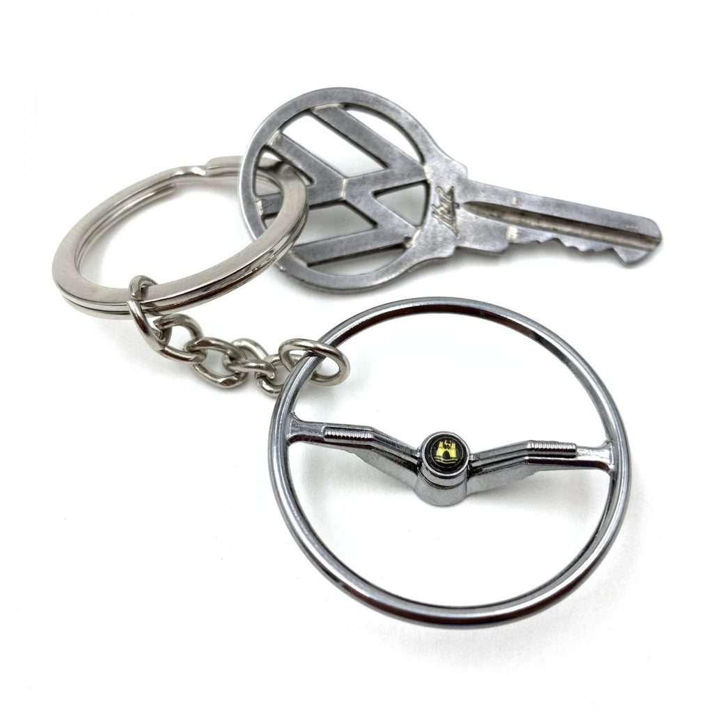 1964-65 VW Beetle Chrome Dished Steering Wheel Keychain - Gold Wolfsburg Button