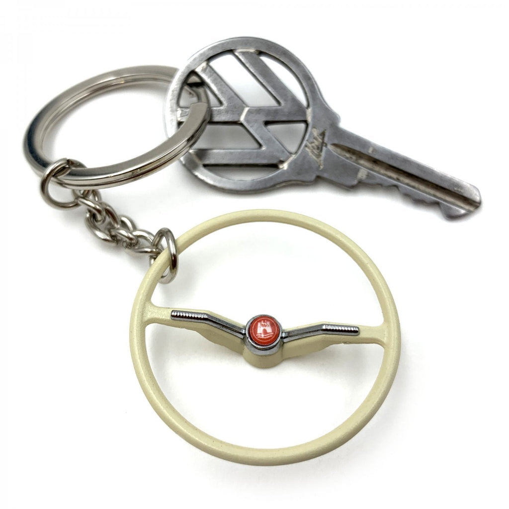 1964-65 VW Beetle Beige Dished Steering Wheel Keychain - Red Wolfsburg Button
