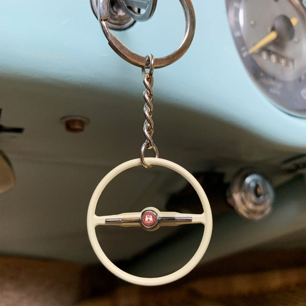 1964-65 VW Beetle Beige Dished Steering Wheel Keychain - Red Wolfsburg Button