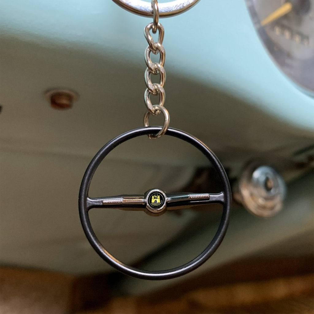 1964-65 VW Beetle Black Dished Steering Wheel Keychain - Gold Wolfsburg Button