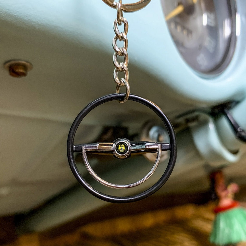 1960-63 VW Beetle Black Dished Steering Wheel Keychain - Gold Wolfsburg Button