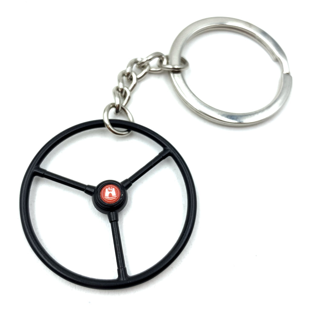 1948-65 VW Standard Beetle Black Steering Wheel Keychain - Red Wolfsburg Button