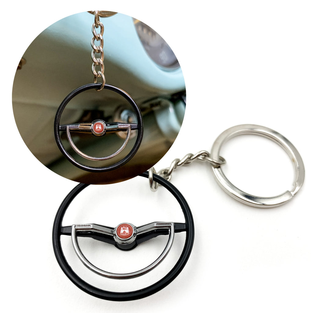 1960-63 VW Beetle Black Dished Steering Wheel Keychain - Red Wolfsburg Button