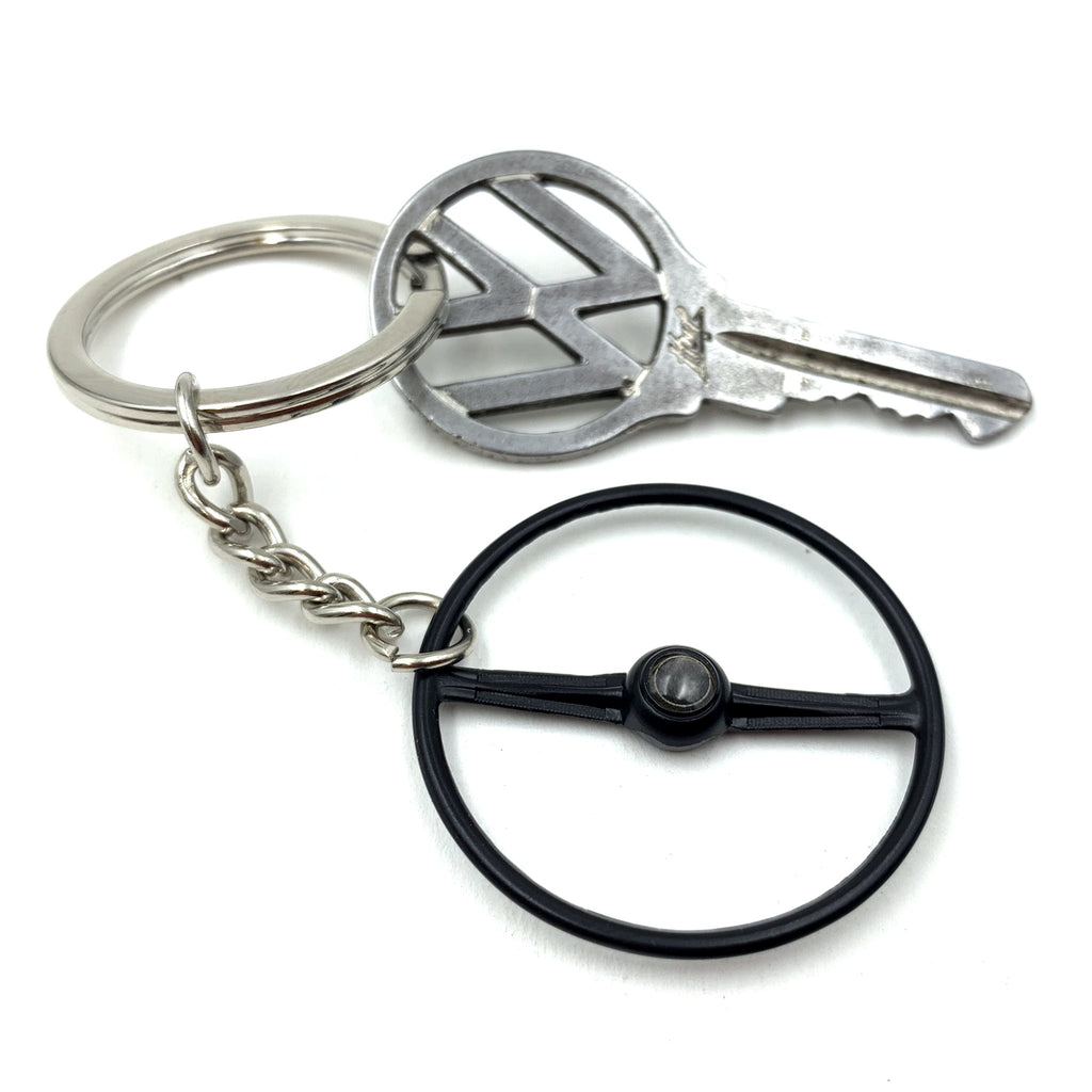 1955-67 VW 2 Spoke Bus Black Steering Wheel Keychain - Black Button