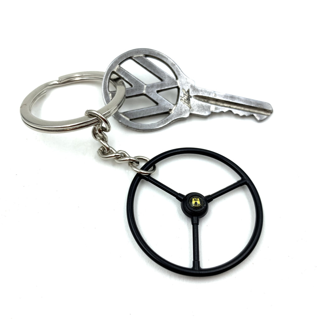 1948-65 VW Standard Beetle Black Steering Wheel Keychain - Gold Wolfsburg
