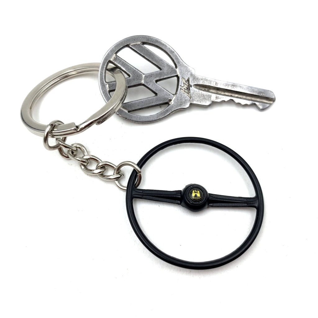1955-67 VW 2 Spoke Bus Black Steering Wheel Keychain - Gold Wolfsburg Button