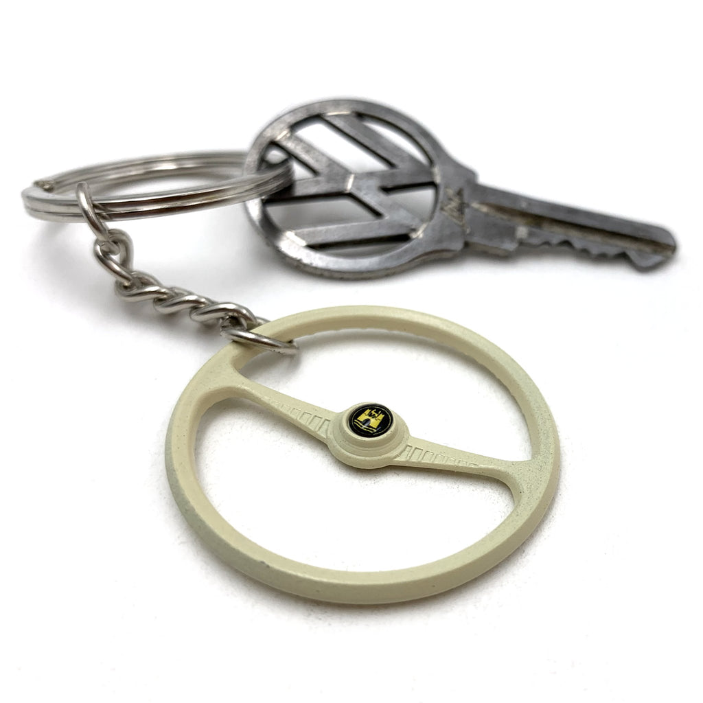 1949-55 VW Beetle Beige Batwing Steering Wheel Keychain - Gold Wolfsburg Button