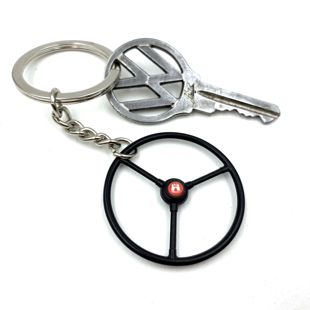 1948-65 VW Standard Beetle Black Steering Wheel Keychain - Red Wolfsburg Button