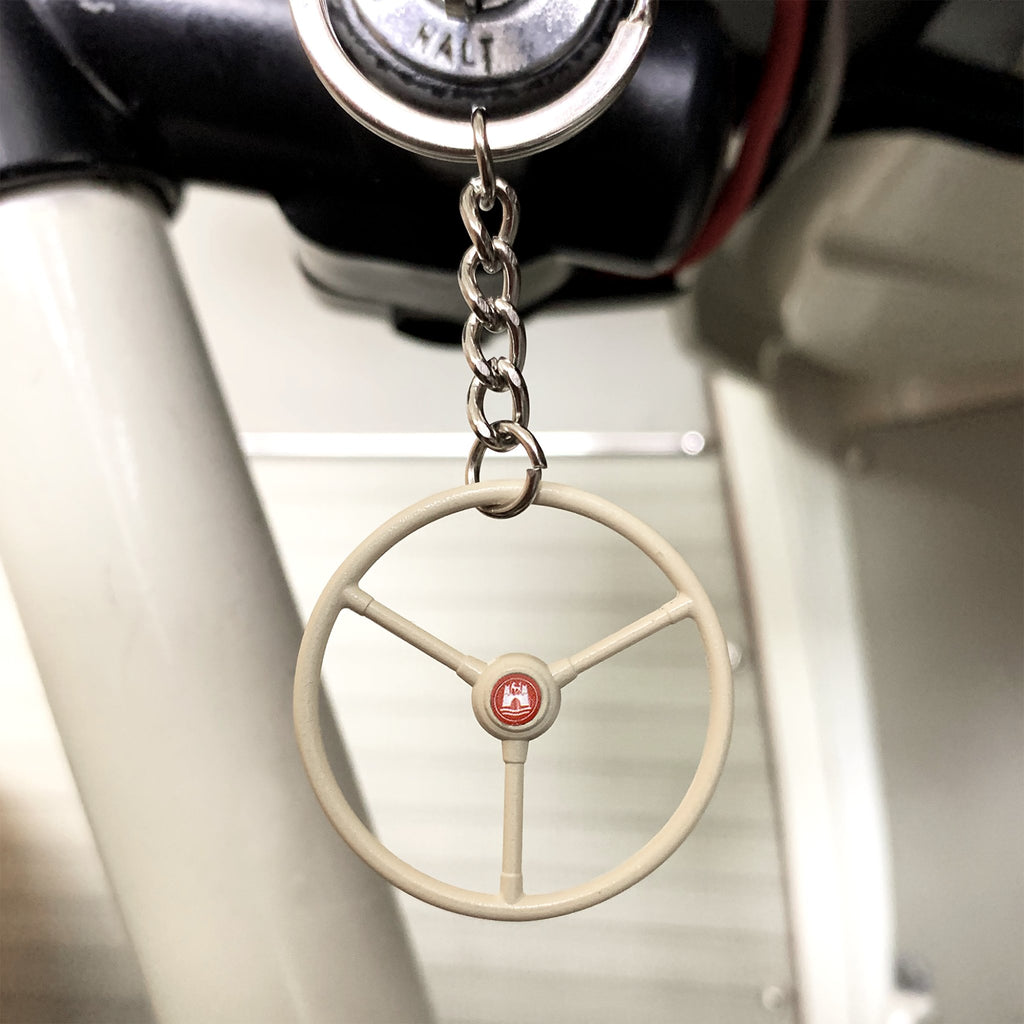1948-65 VW Standard Beetle Beige Steering Wheel Keychain - Red Wolfsburg Button