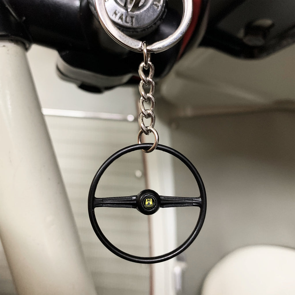 1955-67 VW 2 Spoke Bus Black Steering Wheel Keychain - Gold Wolfsburg Button
