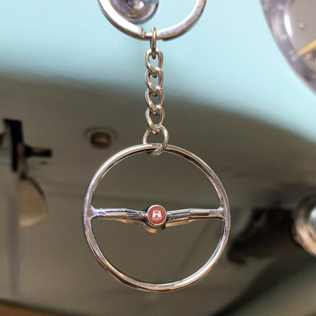 1964-65 VW Beetle Chrome Dished Steering Wheel Keychain - Red Wolfsburg Button