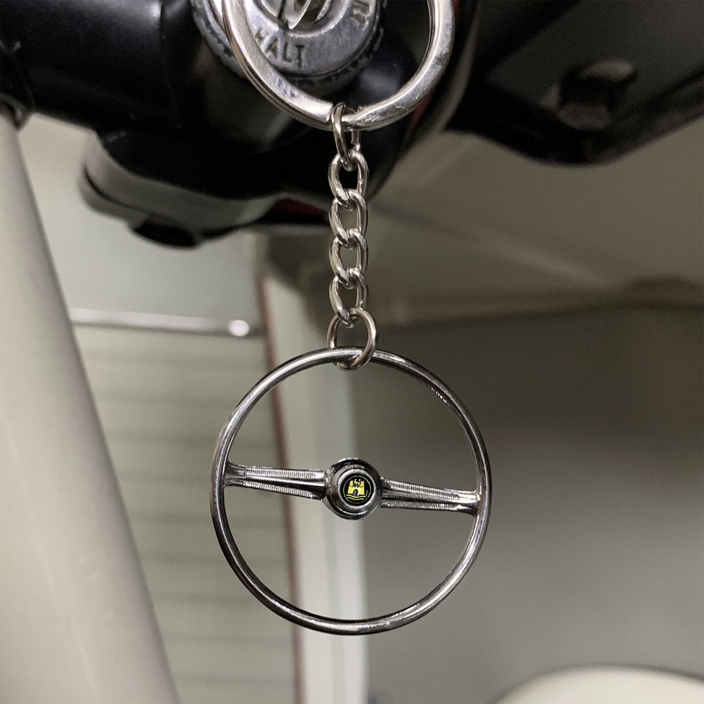 1955-67 VW 2 Spoke Bus Chrome Steering Wheel Keychain - Gold Wolfsburg Button