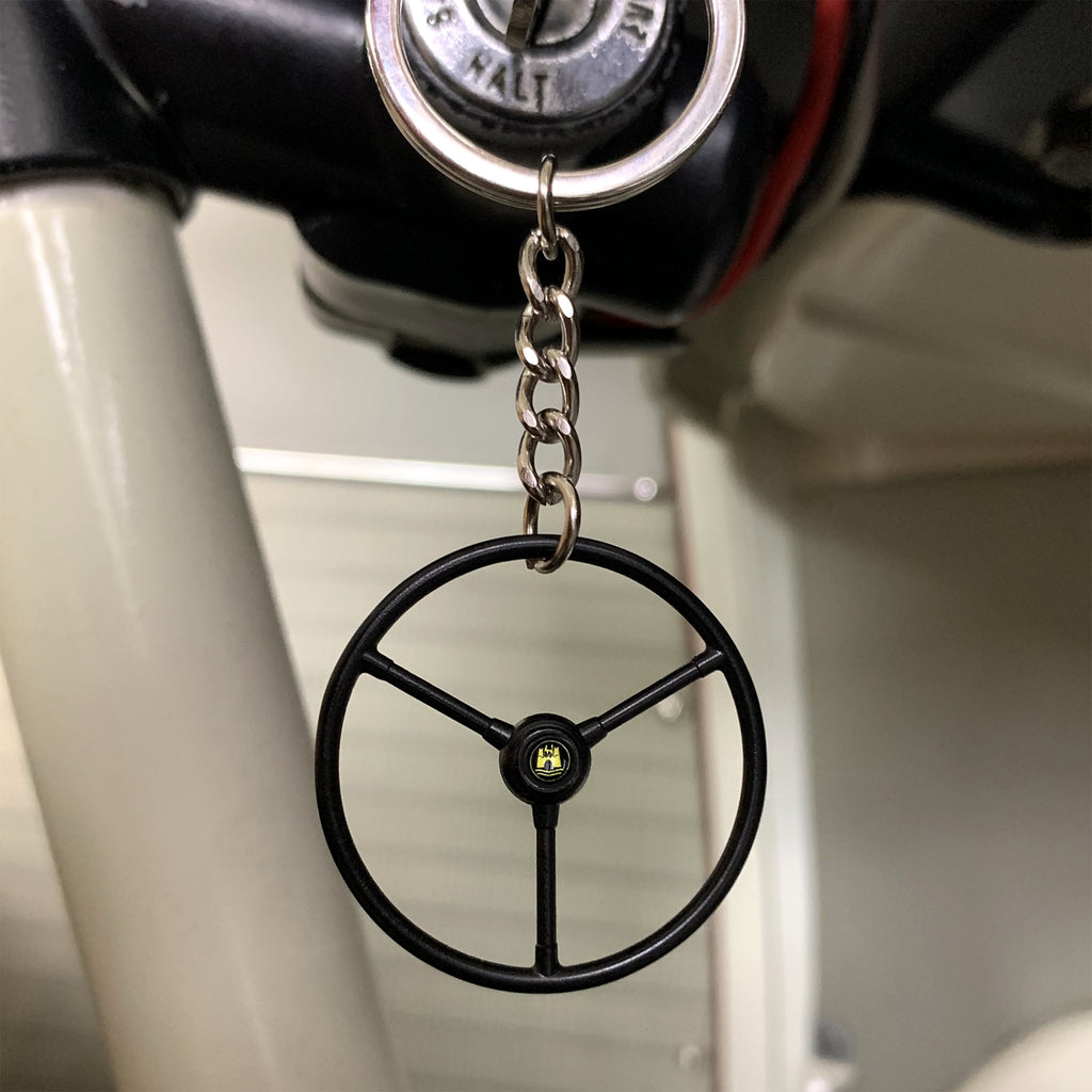 1948-65 VW Standard Beetle Black Steering Wheel Keychain - Gold Wolfsburg