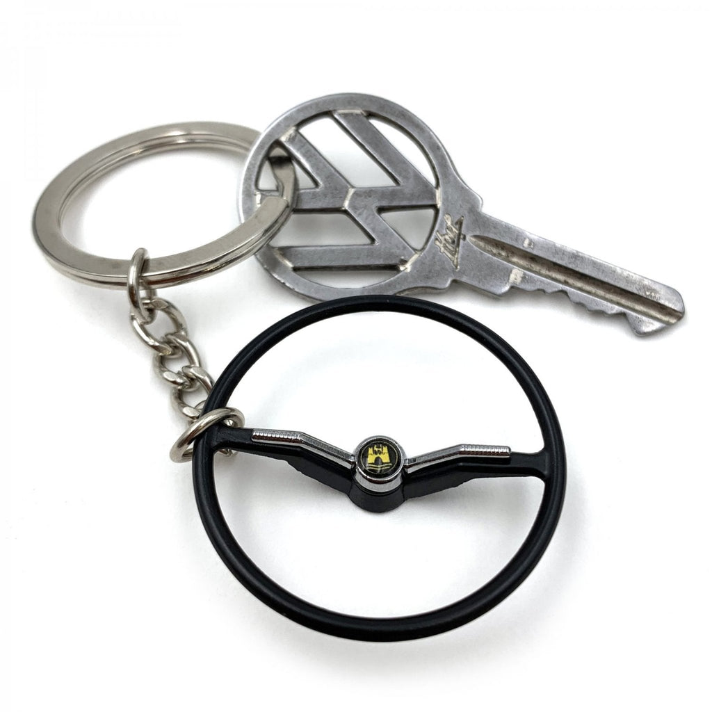 1964-65 VW Beetle Black Dished Steering Wheel Keychain - Gold Wolfsburg Button