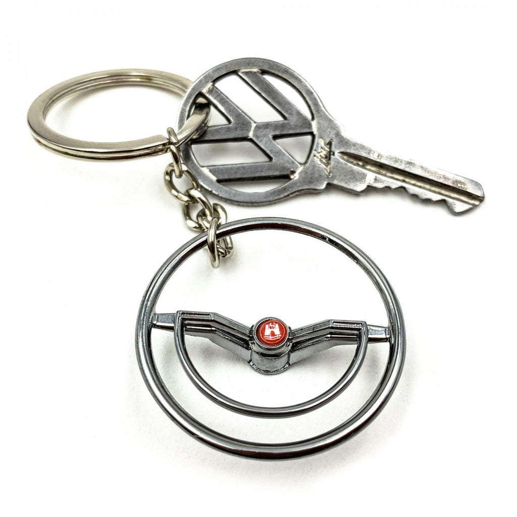 1960-63 VW Beetle Chrome Dished Steering Wheel Keychain - Red Wolfsburg Button