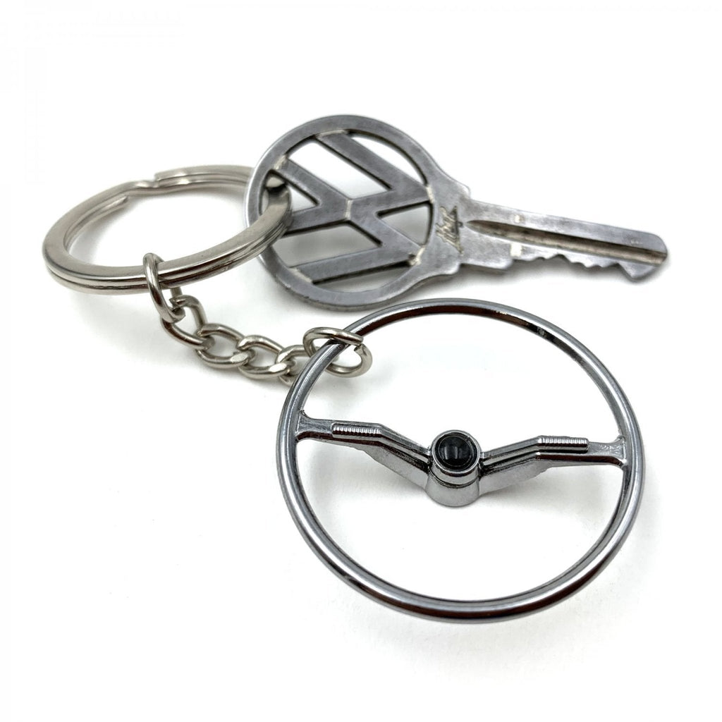 1964-65 VW Beetle Chrome Dished Steering Wheel Keychain - Black Button