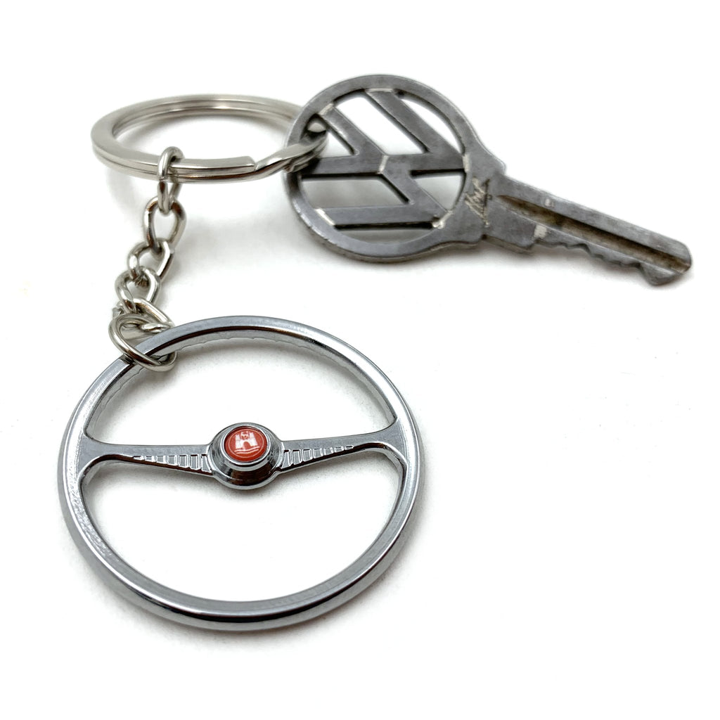 1949-55 VW Beetle Chrome Batwing Steering Wheel Keychain - Red Wolfsburg Button