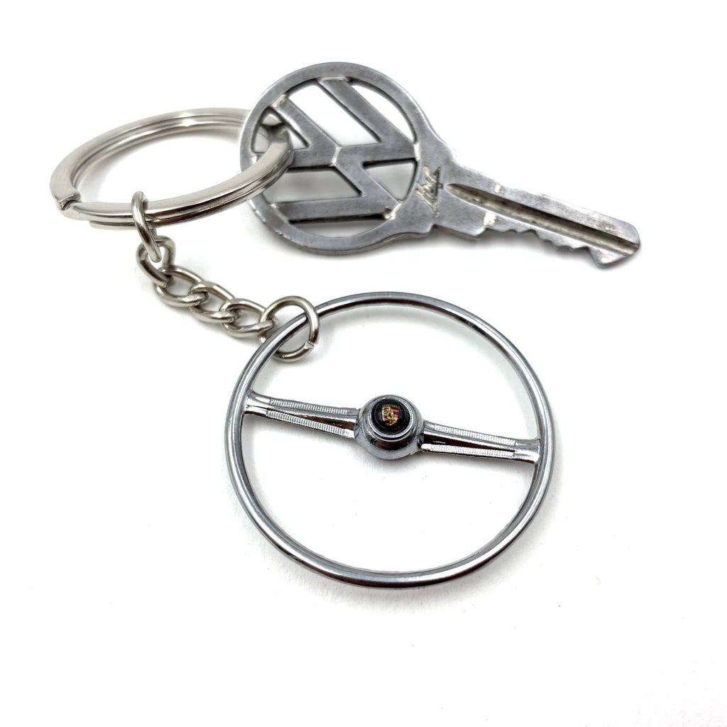 1955-67 VW 2 Spoke Bus Chrome Steering Wheel Keychain - Porsche Button
