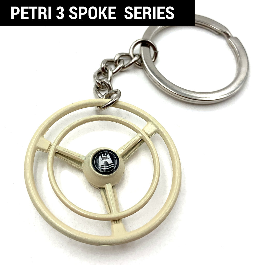 1948-58 Petri 3 Spoke Beige Banjo Steering Wheel Keychain - Sun & Moon Button