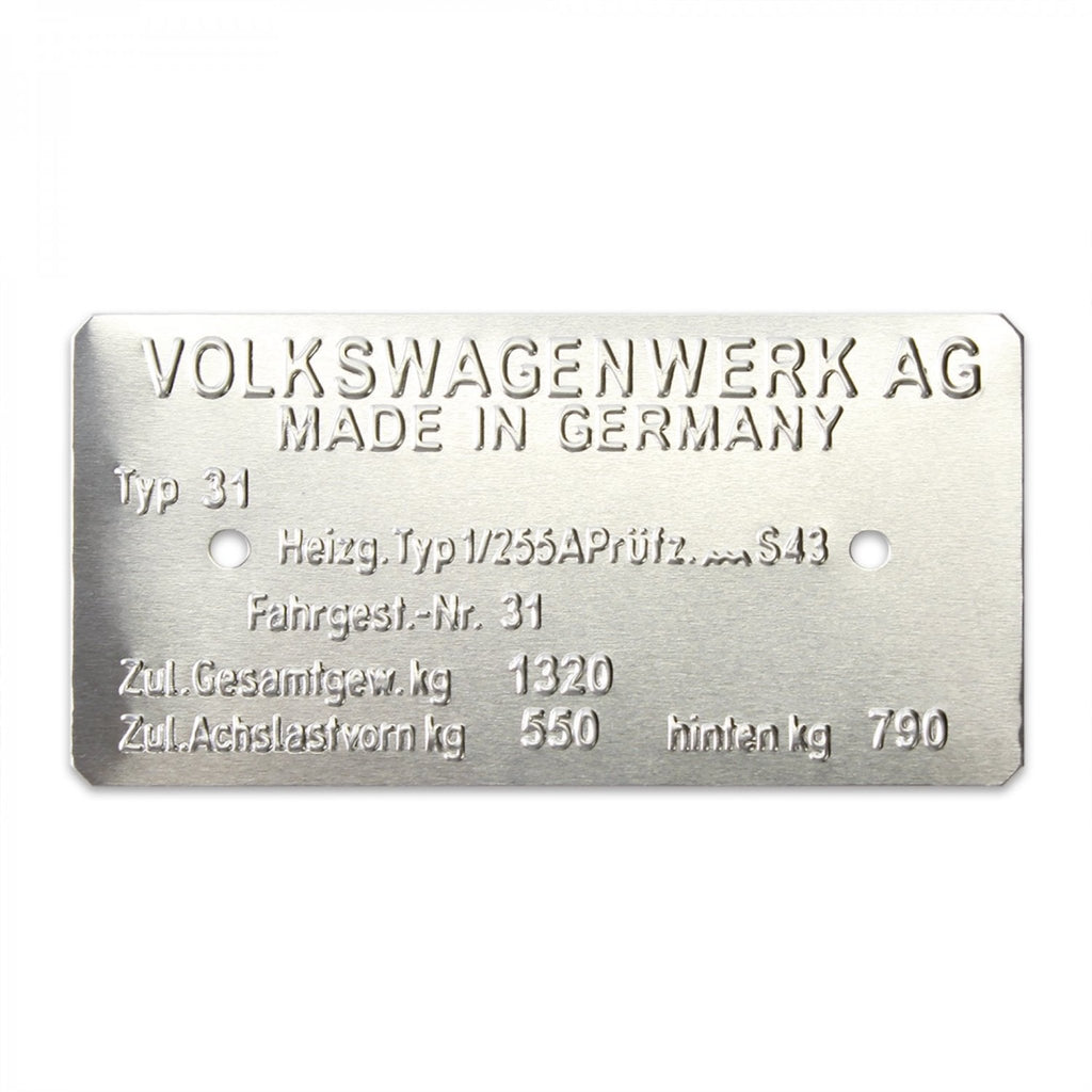 Volkswagen Fastback / Notchback Type 311 Germany Vin Data Information Plate