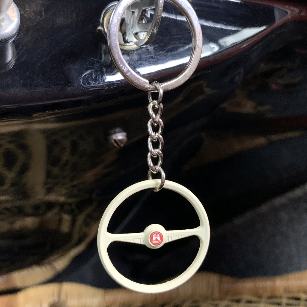 1949-55 VW Beetle Beige Batwing Steering Wheel Keychain - Red Wolfsburg Button