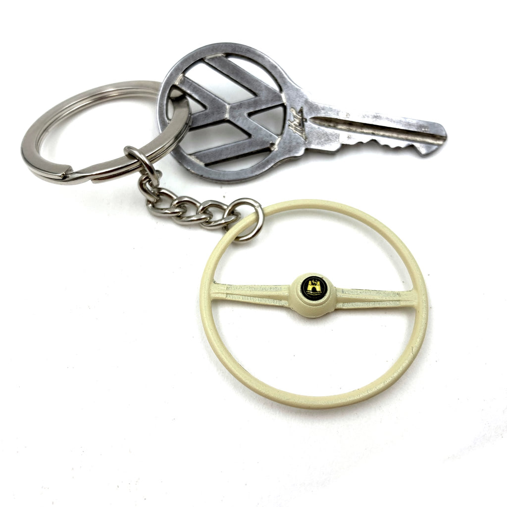 1955-67 VW 2 Spoke Bus Beige Steering Wheel Keychain - Gold Wolfsburg Button