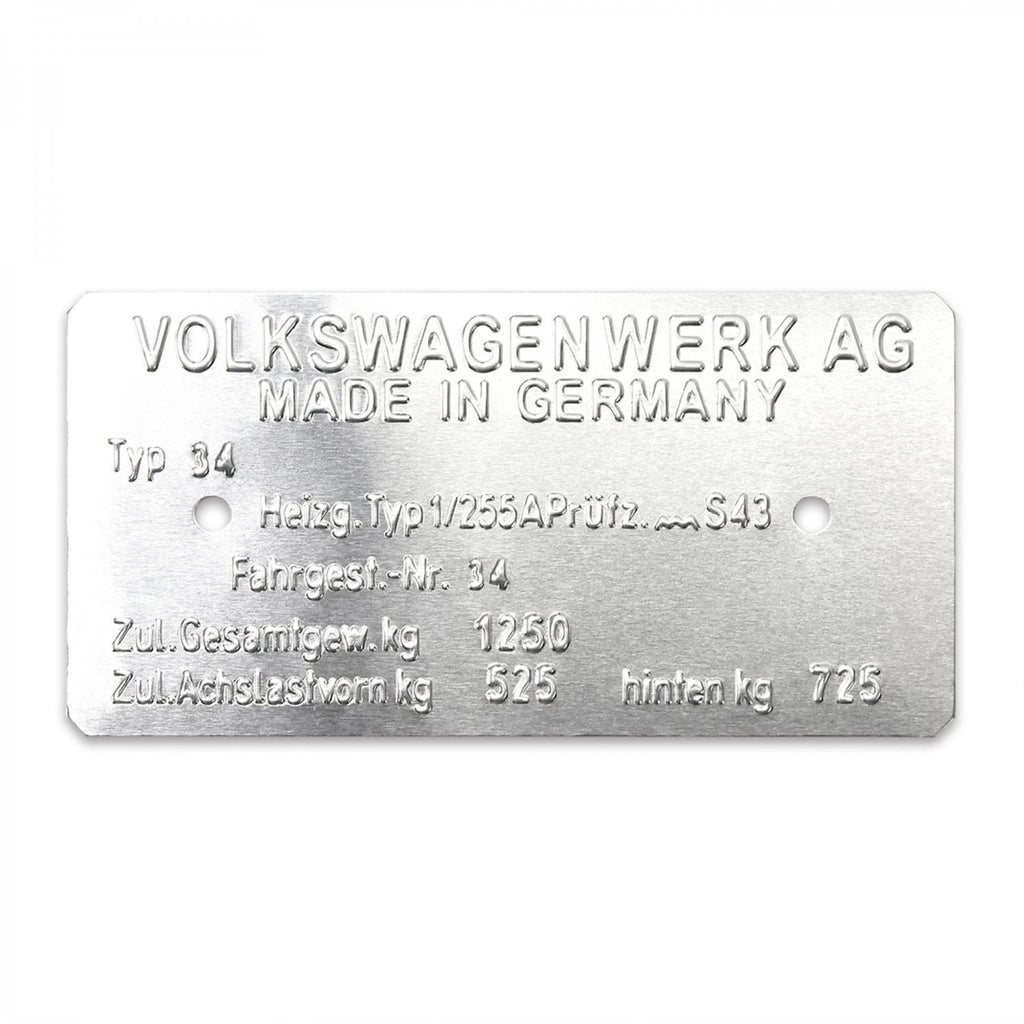 Volkswagen Karmann Ghia Razor Type 34 Made in Germany Vin Data Information Plate