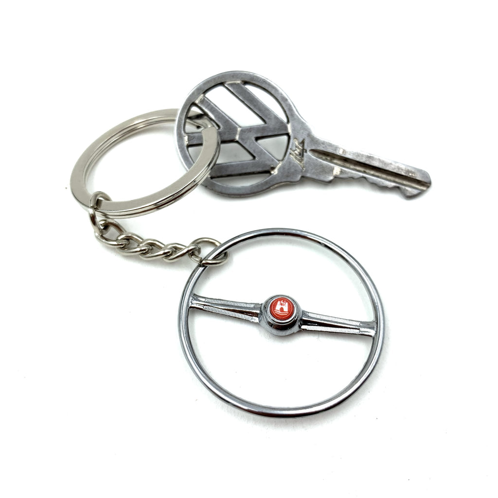 1955-67 VW 2 Spoke Bus Chrome Steering Wheel Keychain - Red Wolfsburg Button