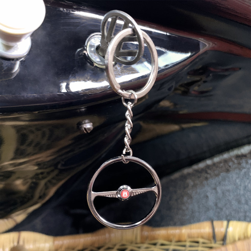 1949-55 VW Beetle Chrome Batwing Steering Wheel Keychain - Red Wolfsburg Button