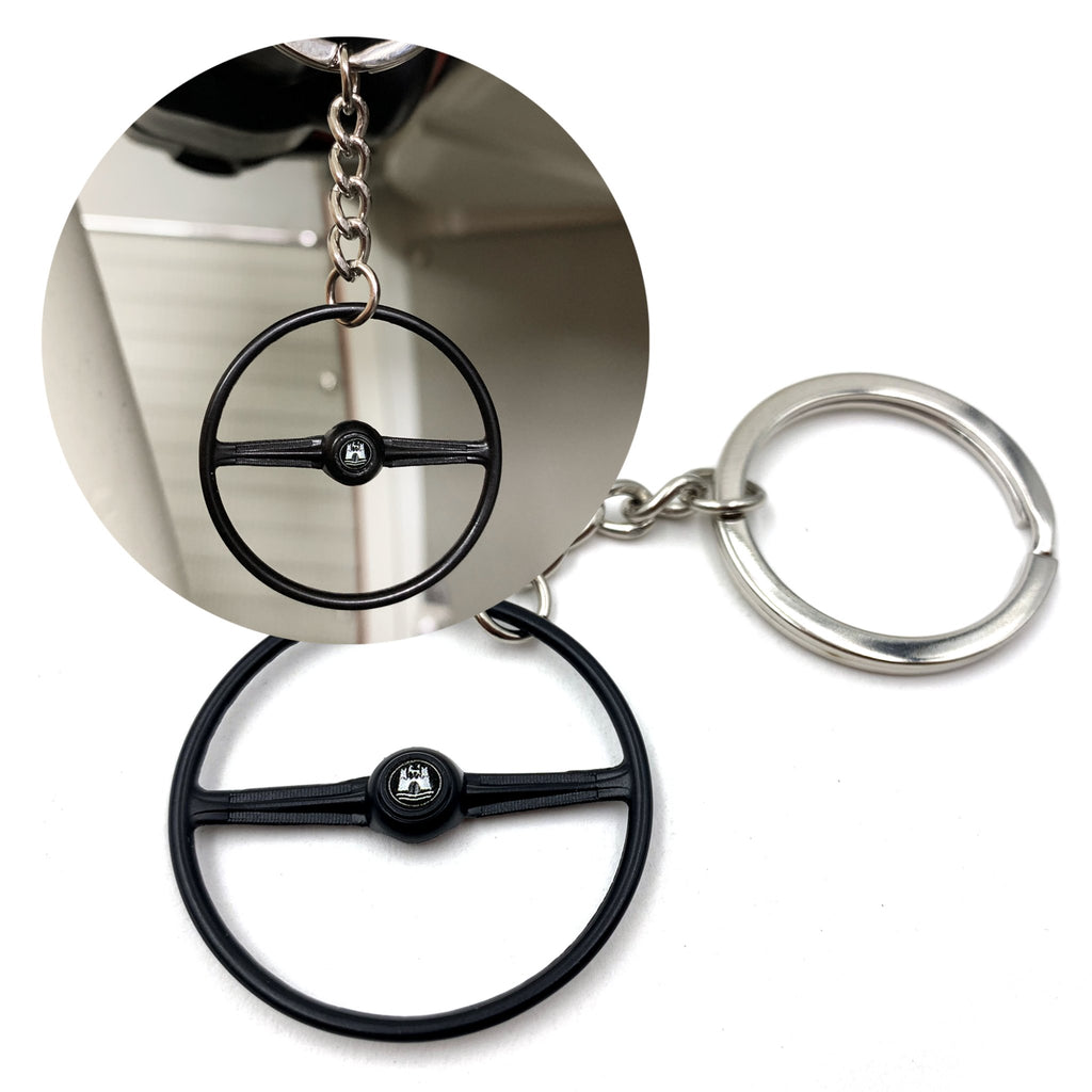 1955-67 VW 2 Spoke Bus Black Steering Wheel Keychain - Wolfsburg Button