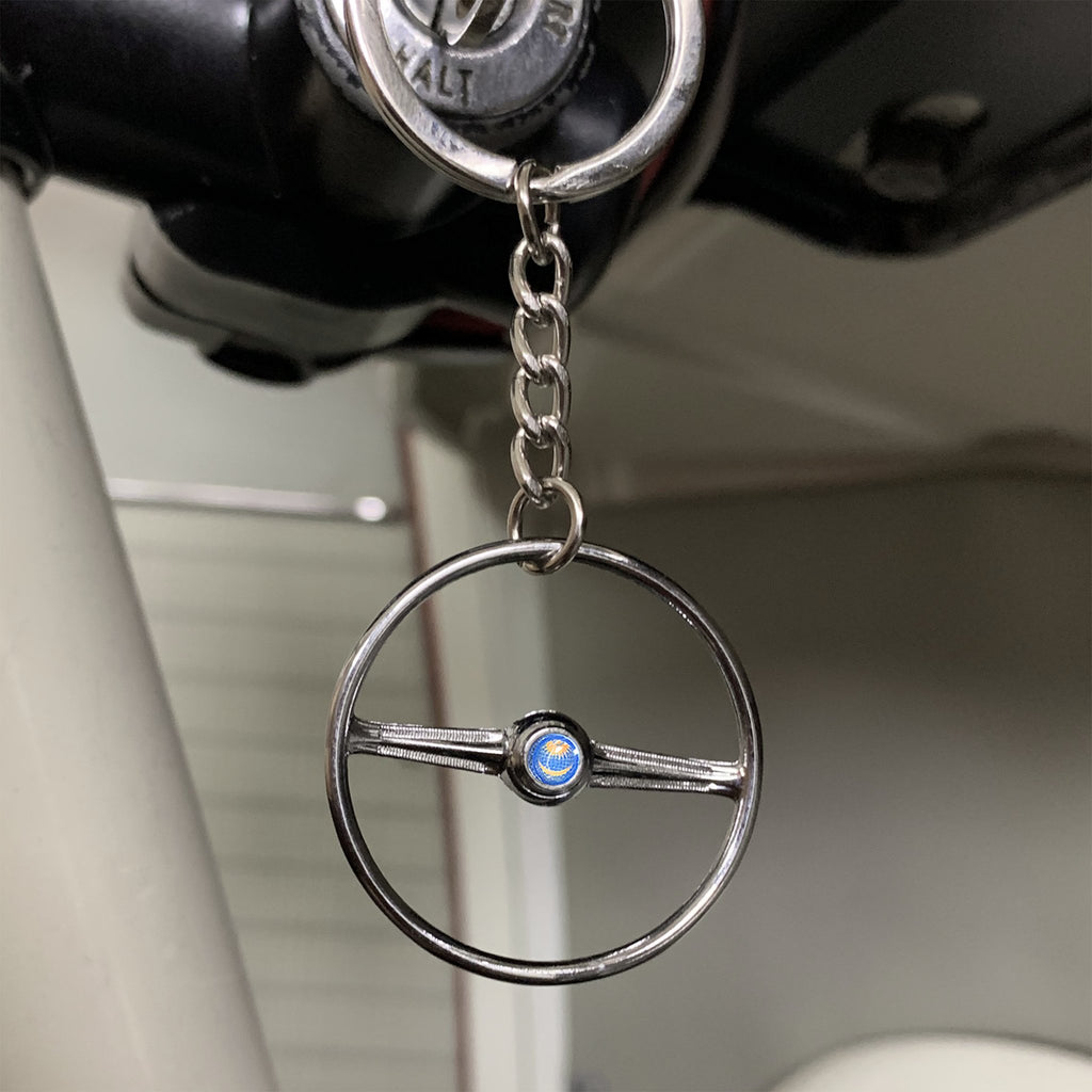 1955-67 VW 2 Spoke Bus Chrome Steering Wheel Keychain - Sun & Moon Button
