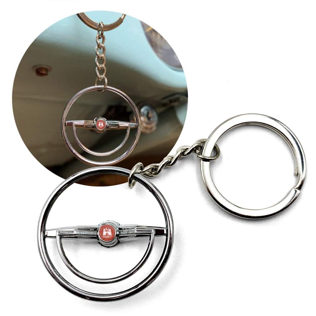 1960-63 VW Beetle Chrome Dished Steering Wheel Keychain - Red Wolfsburg Button