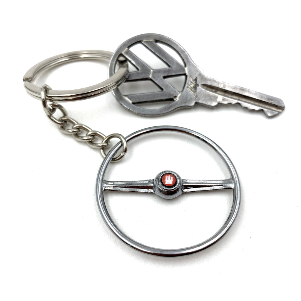 1955-67 VW 2 Spoke Bus Chrome Steering Wheel Keychain - Hamburg Button
